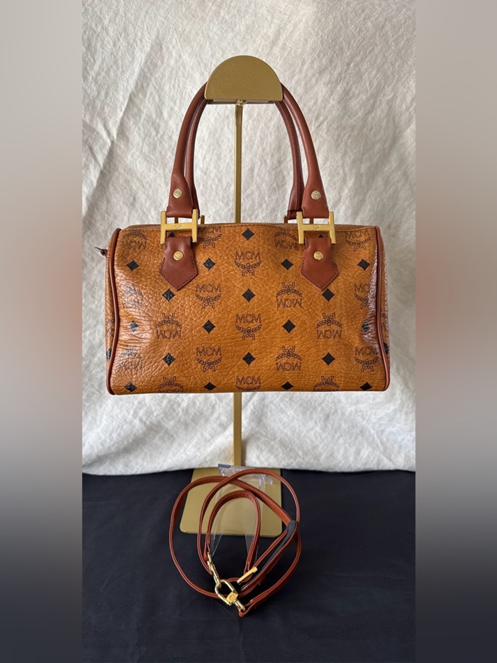 MCM Vintage Cognac Visetos Monogram Boston Bag with Cherry Charm Comes With COA - Picture 2 of 16